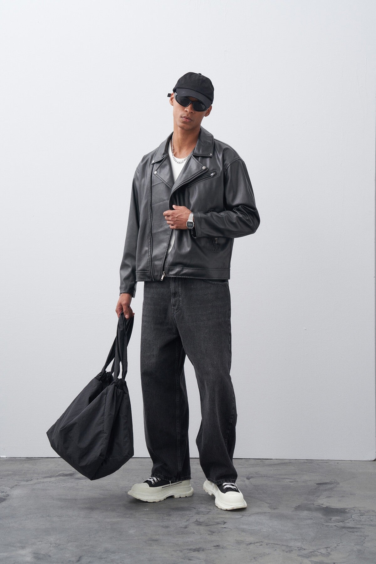 Leather Biker Jacket with Zipper Details