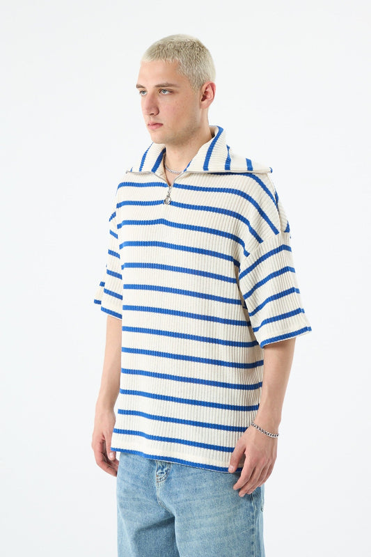 Oversized Striped Sweatshirt with Zipper Collar