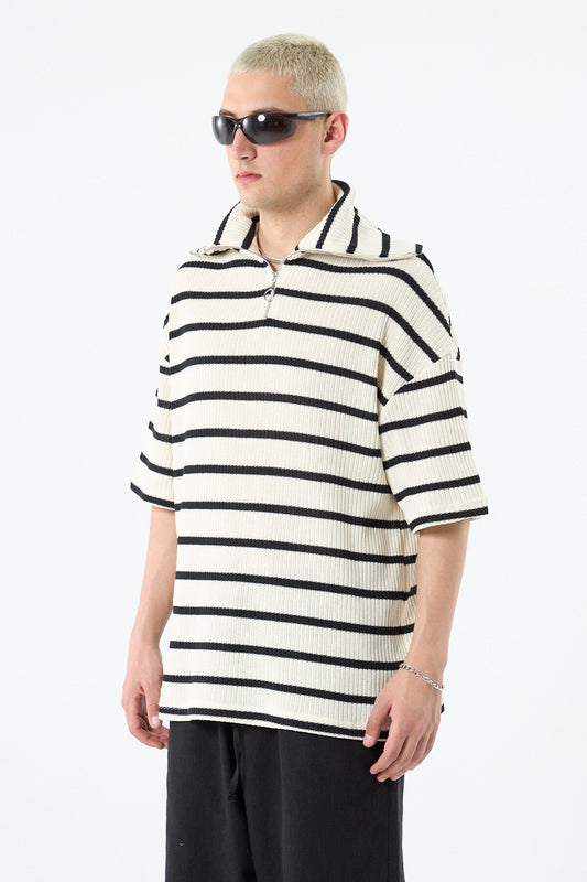 Oversized Striped Sweatshirt with Zipper Collar