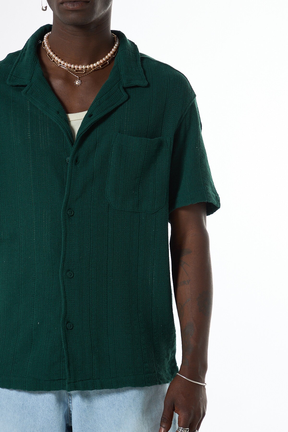 Oversized Short-Sleeve Knitted Shirt with Pockets