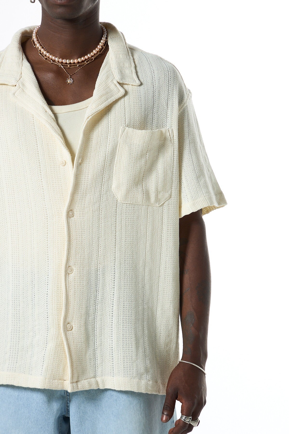 Oversized Short-Sleeve Knitted Shirt with Pockets
