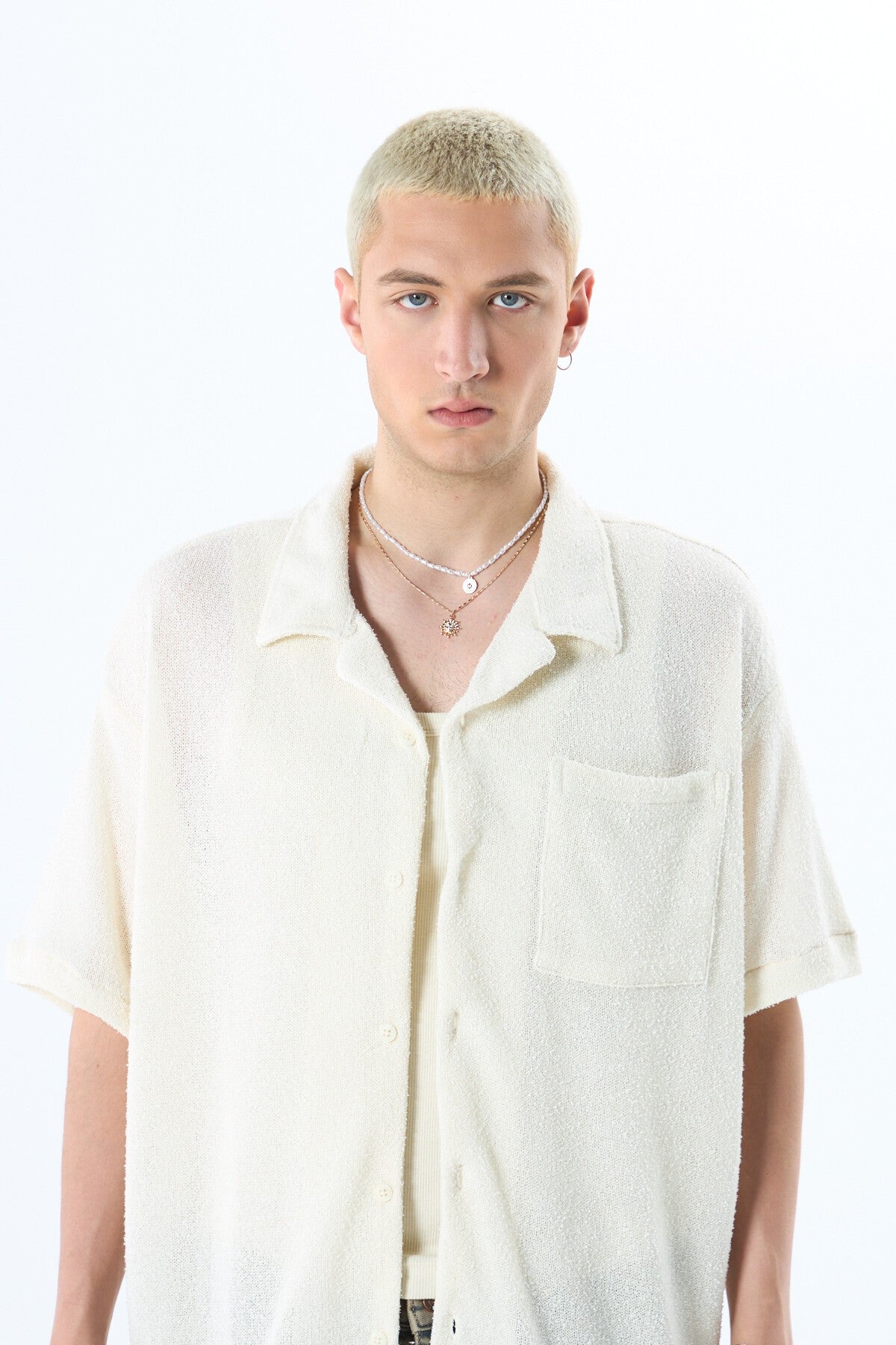 Oversized Towel-Weave Short-Sleeve Single-Pocket Shirt