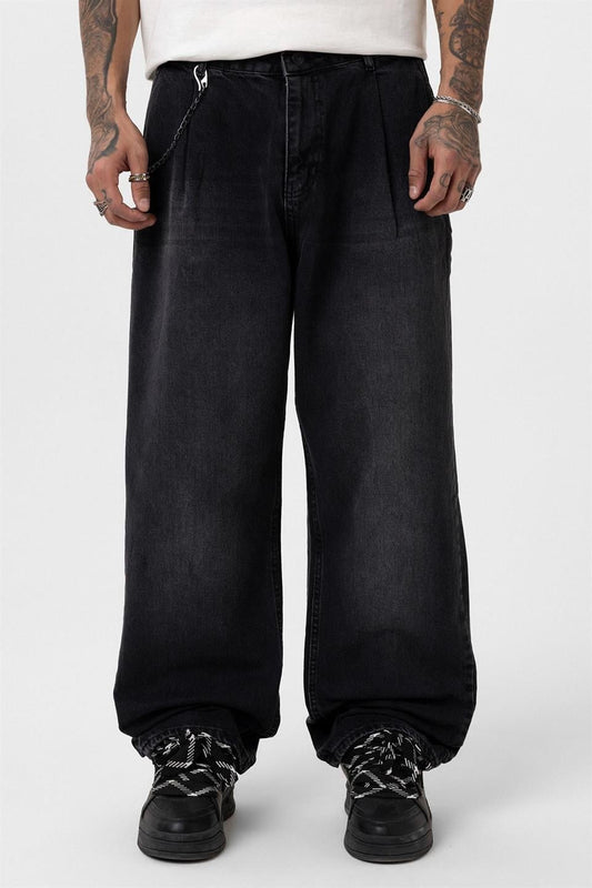 Pleated Baggy Jeans with Chain Accents