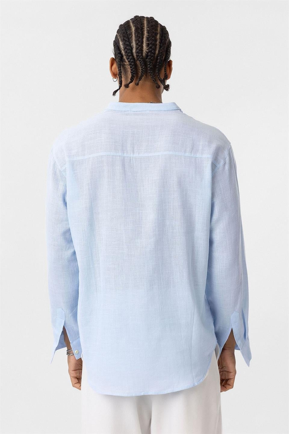 Oversized Long-Sleeved Cotton-Linen Shirt with a Stand-Up Collar