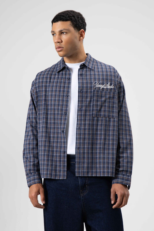 Oversized Checkered Long-Sleeve Shirt with Back Print