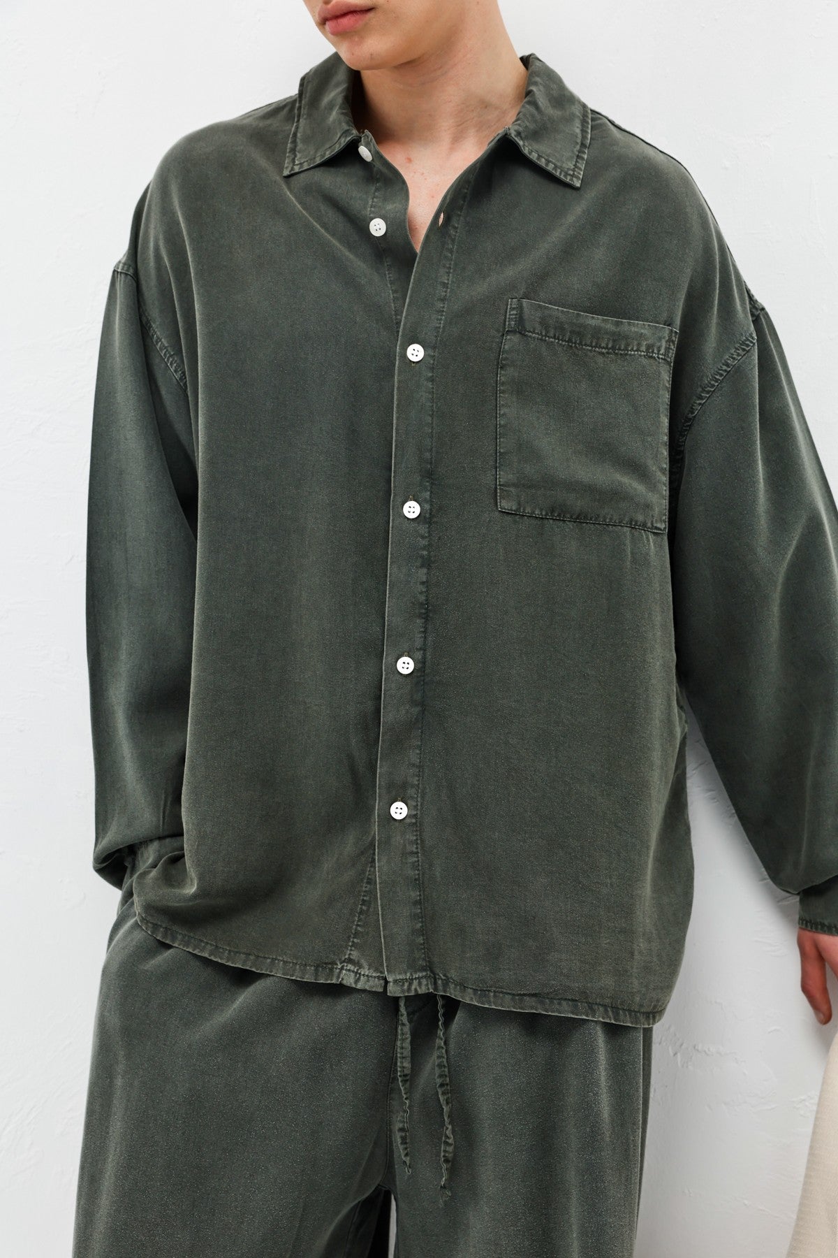 Oversized Shirt with Washed Finish and Pocket Details