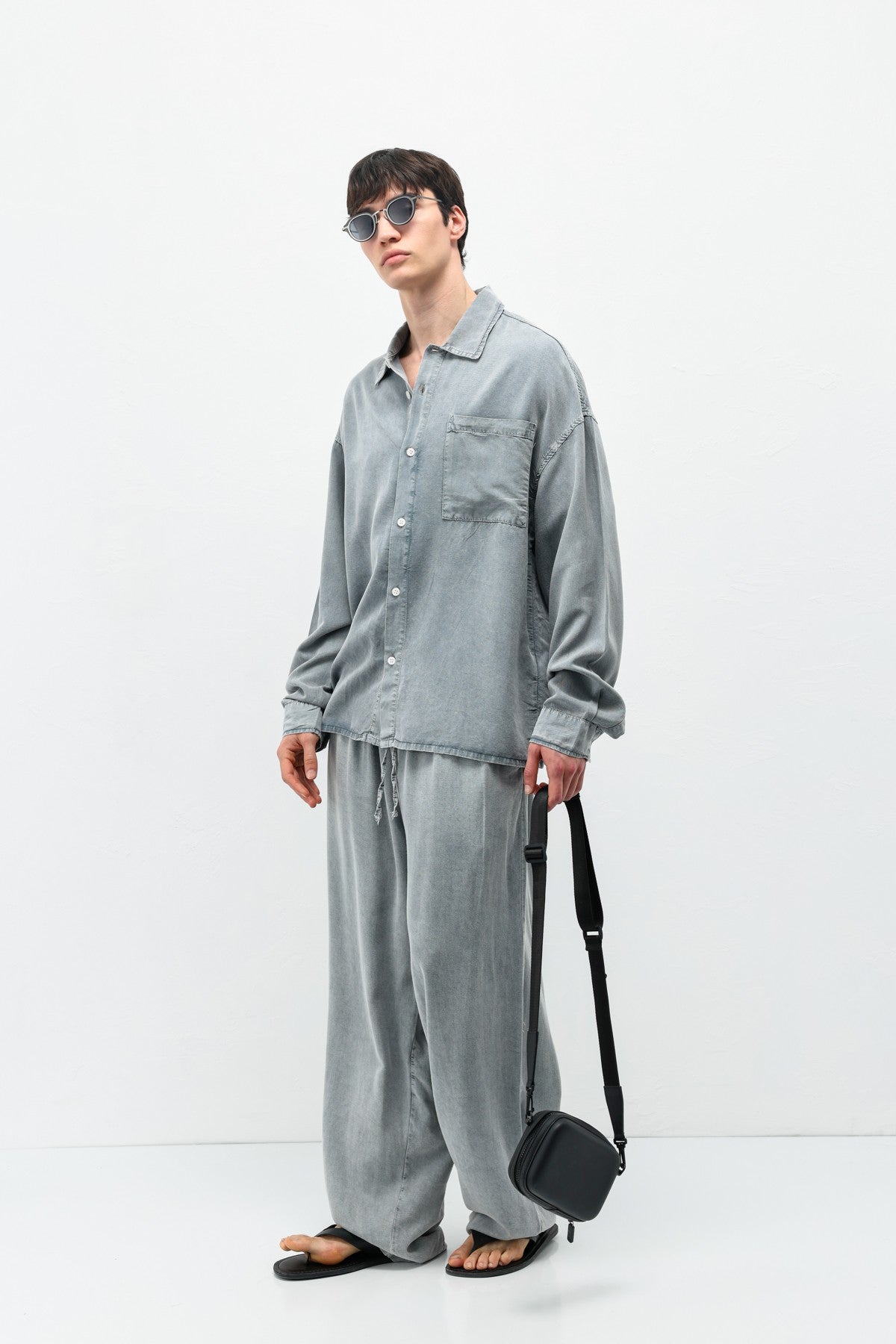 Oversized Shirt with Washed Finish and Pocket Details