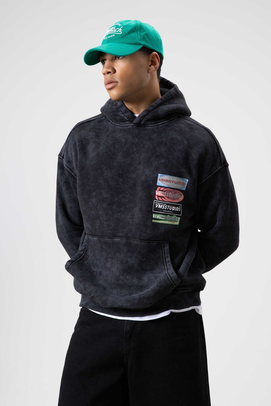 Oversized Pre-Washed Printed Hooded Sweatshirt V70-102