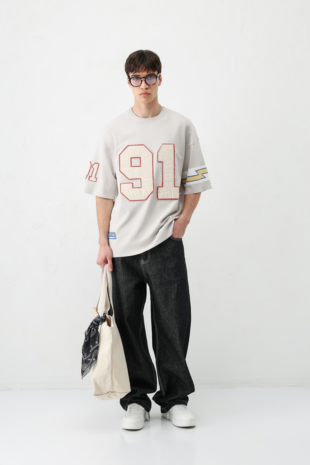 Oversized 91 Printed T-Shirt with Sleeve Details
