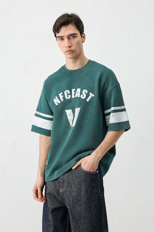 Oversized T-Shirt with V-Print and Sleeve Details