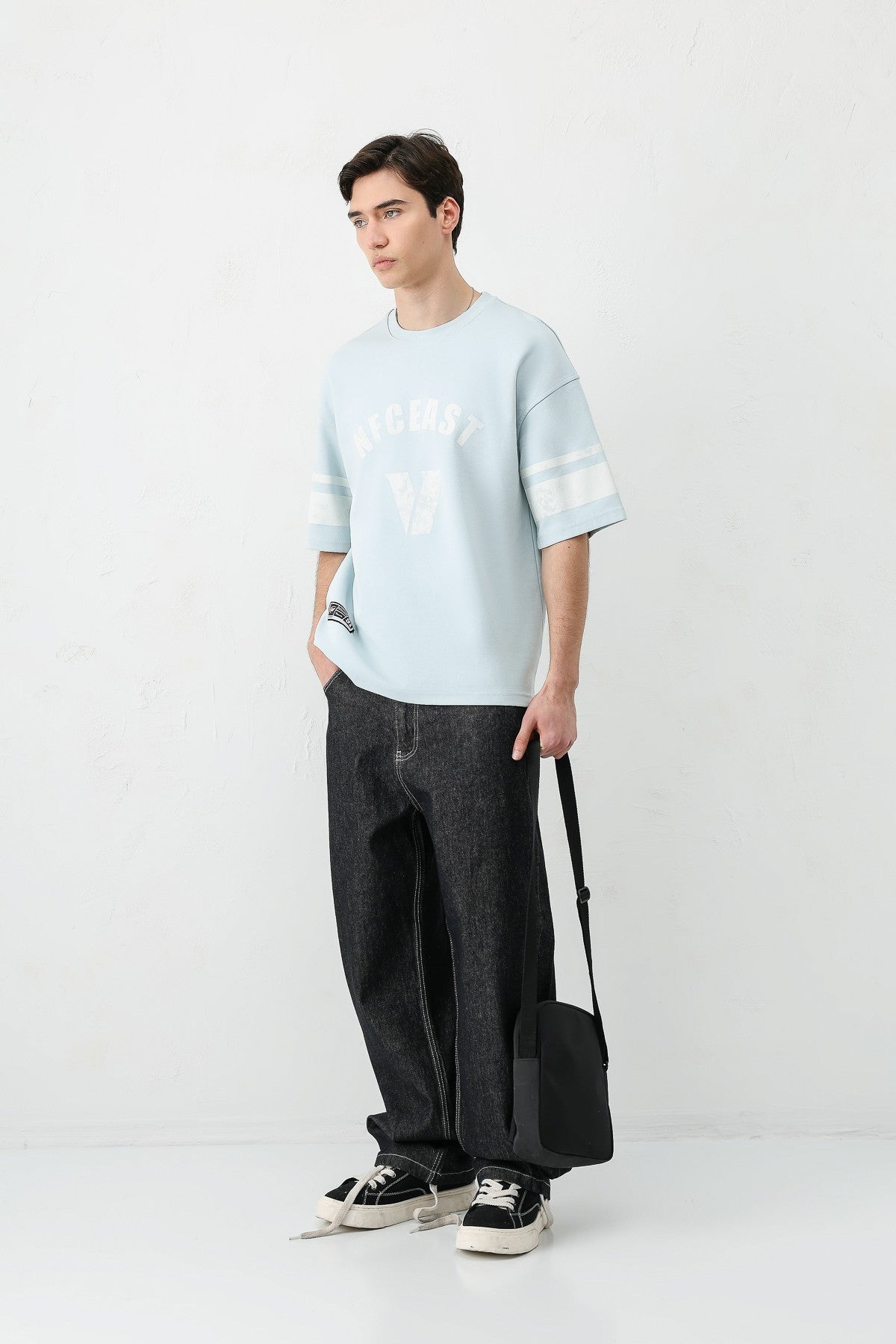 Oversized T-Shirt with V-Print and Sleeve Details