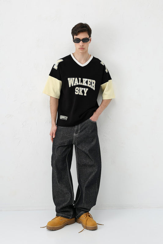 Oversized Ribbed V-Neck Printed T-Shirt