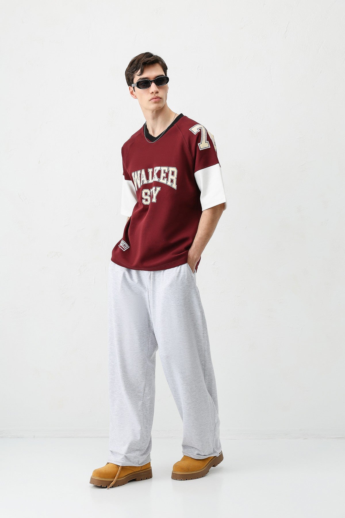 Oversized Ribbed V-Neck Printed T-Shirt