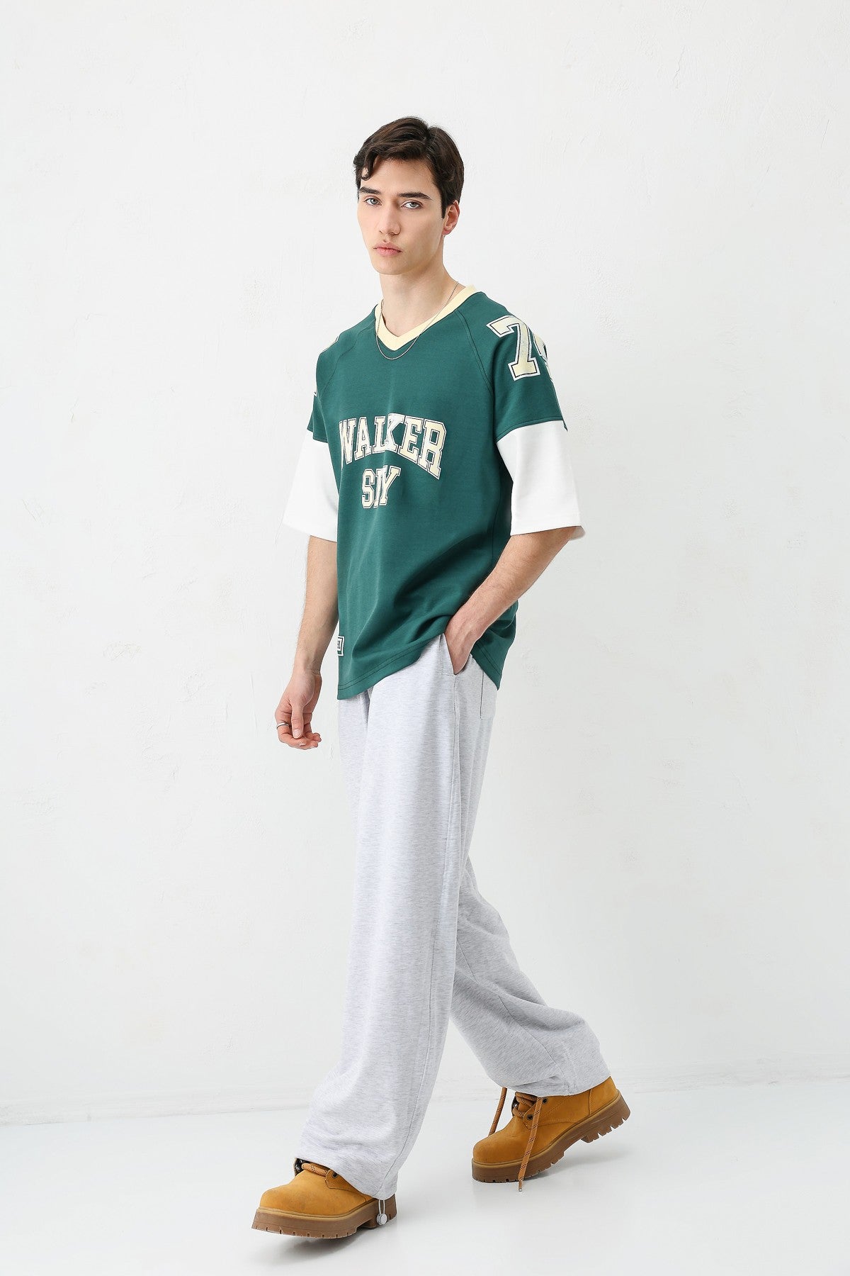 Oversized Ribbed V-Neck Printed T-Shirt
