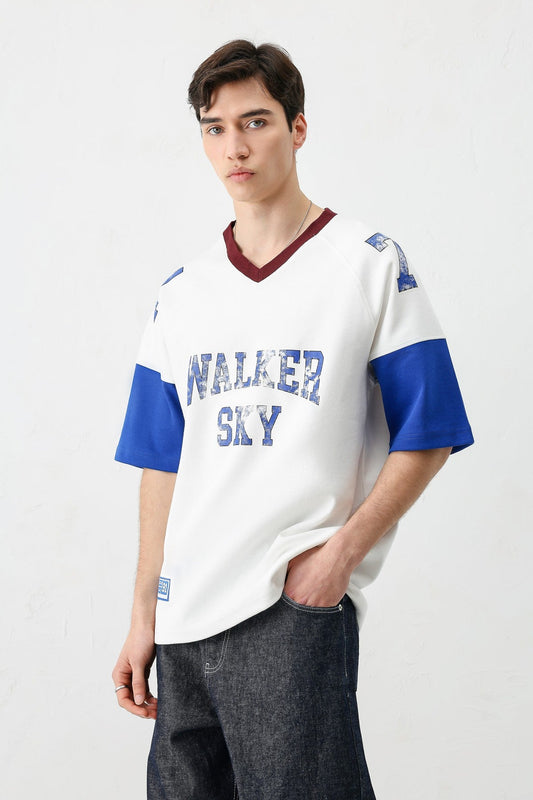 Oversized Ribbed V-Neck Printed T-Shirt