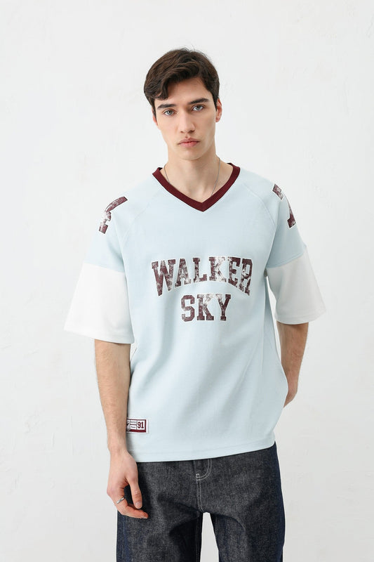Oversized Ribbed V-Neck Printed T-Shirt