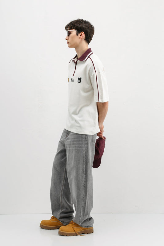 Oversized T-Shirt with Zipper Collar and Print