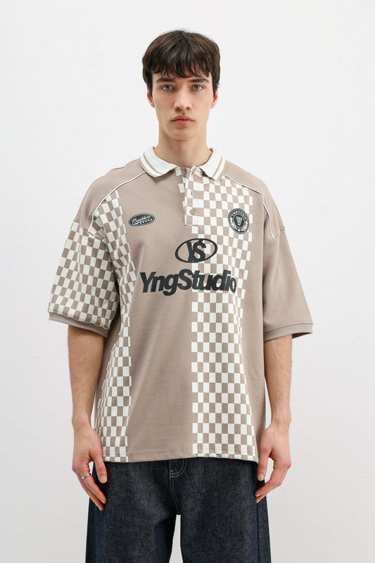 Oversized T-Shirt with Polo Collar Print