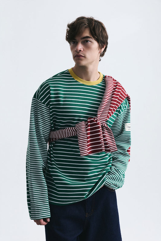 Contrast-Collar Striped Sweatshirt
