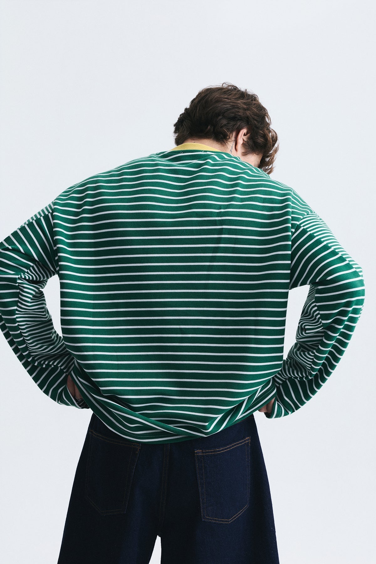 Contrast-Collar Striped Sweatshirt