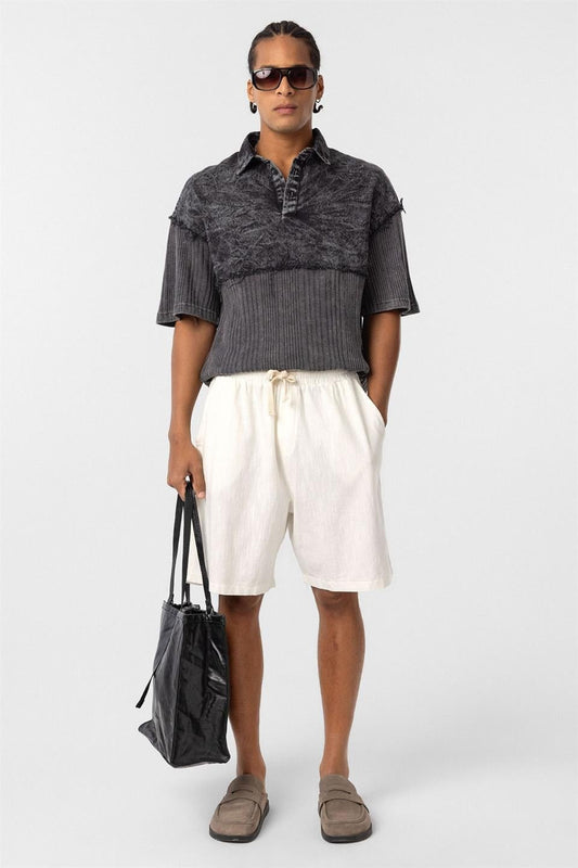 Pre-Washed Knit Oversized Polo-Neck T-Shirt, Black