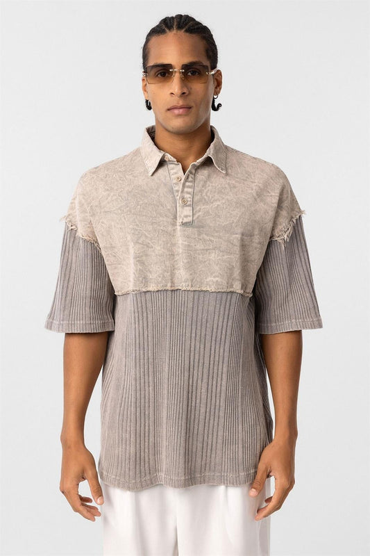 Pre-Washed Knit Oversized Polo-Neck T-Shirt