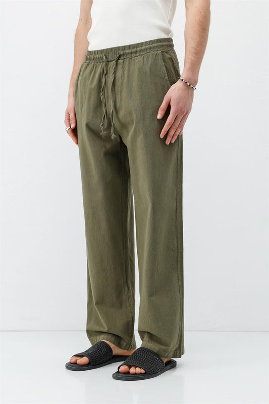 Baggy-Fit Linen Pants with Elastic Waistband