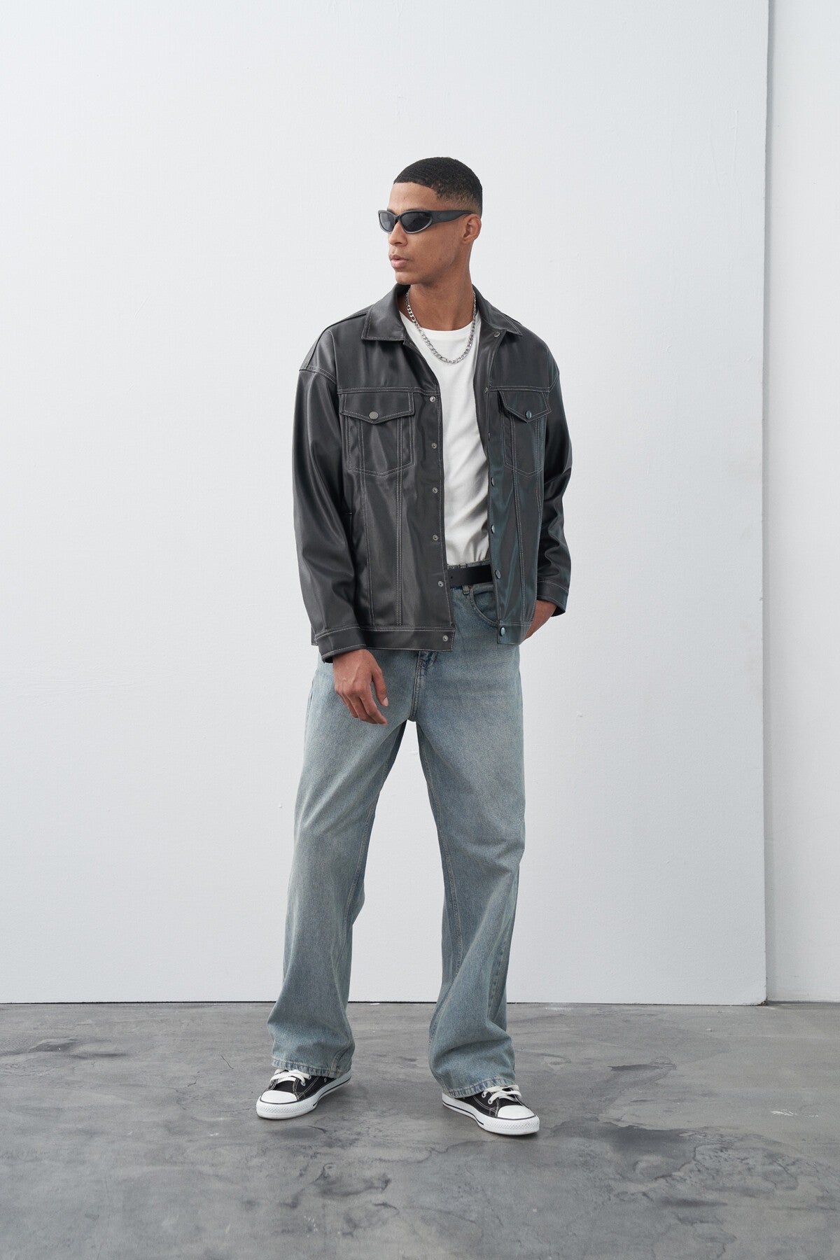 Oversized Leather Jacket with Black Stitching Details