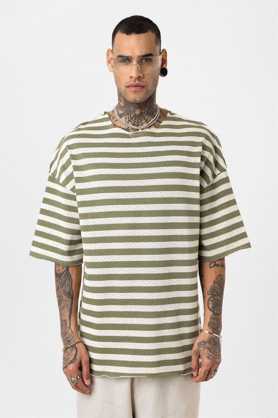 Striped Oversized Knit T-Shirt, Khaki