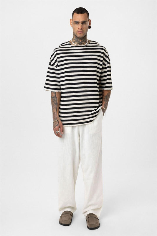 Striped Oversized Knit T-Shirt, Black