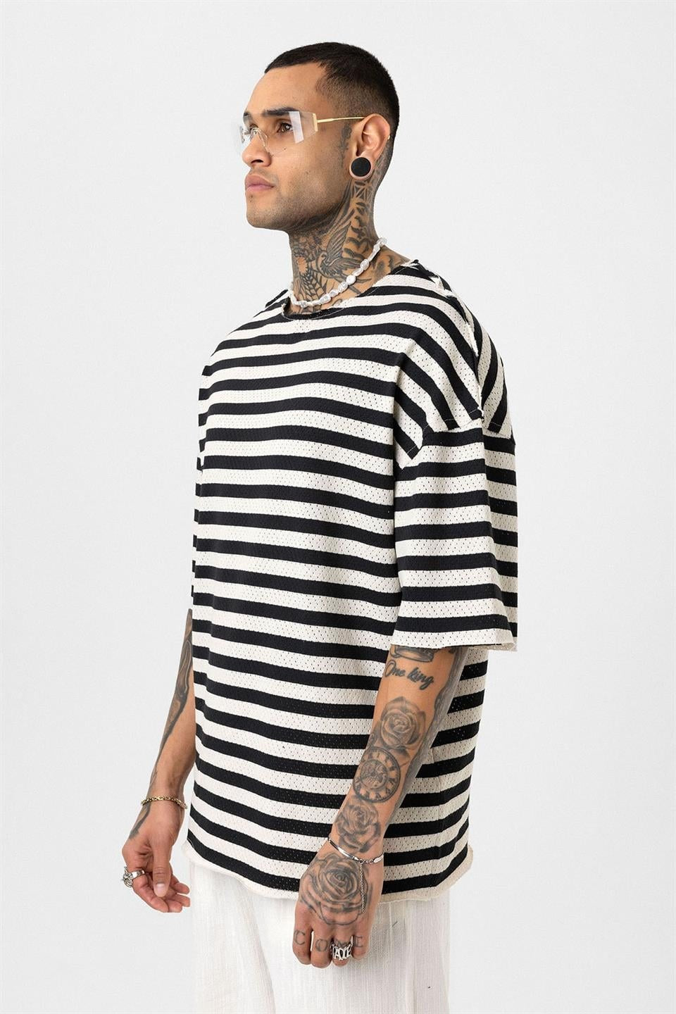 Striped Oversized Knit T-Shirt, Black
