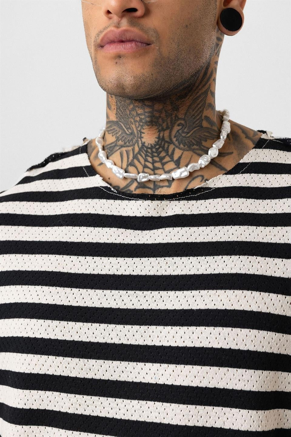 Striped Oversized Knit T-Shirt, Black