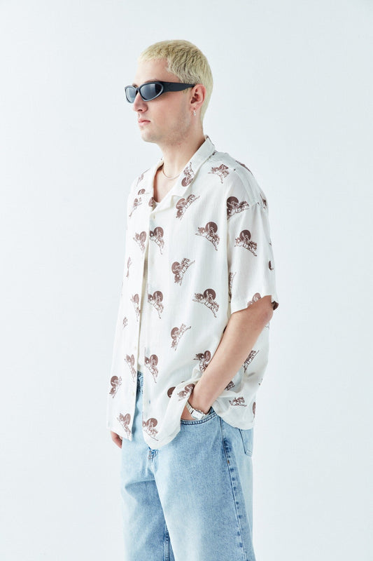 Patterned Short-Sleeve Oversized Shirt