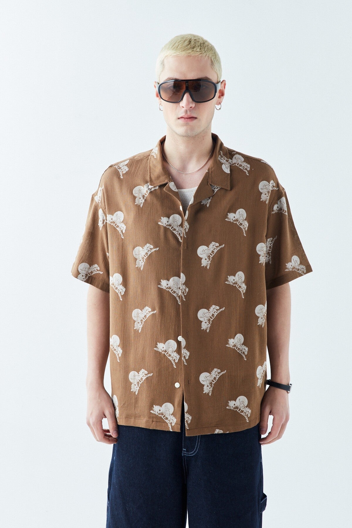 Patterned Short-Sleeve Oversized Shirt