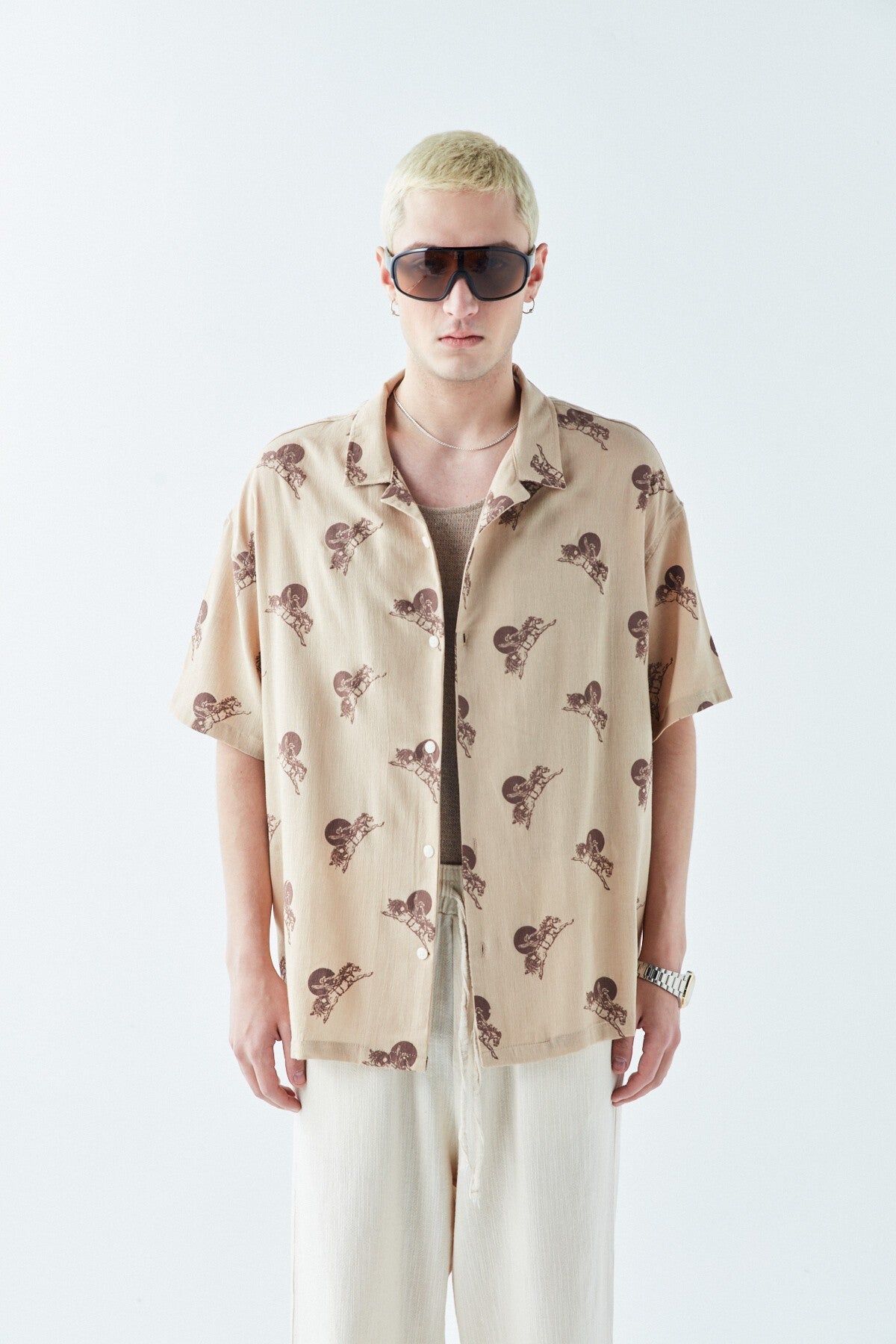 Patterned Short-Sleeve Oversized Shirt