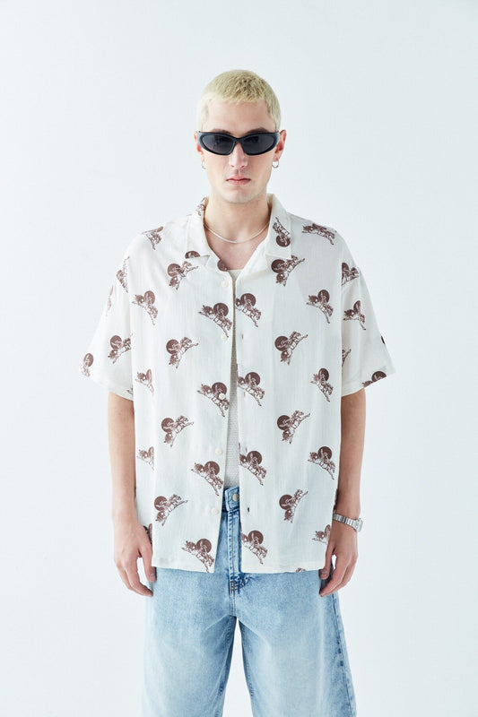 Patterned Short-Sleeve Oversized Shirt