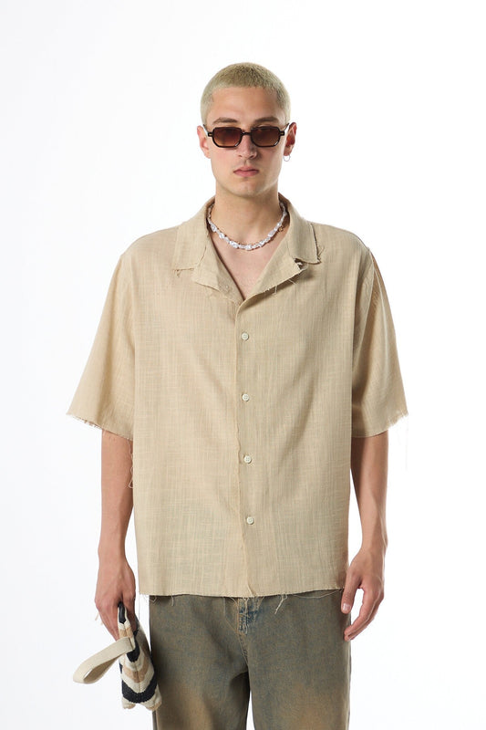 Seamless, Short-Sleeved, Pocketless, Oversized Linen Shirt