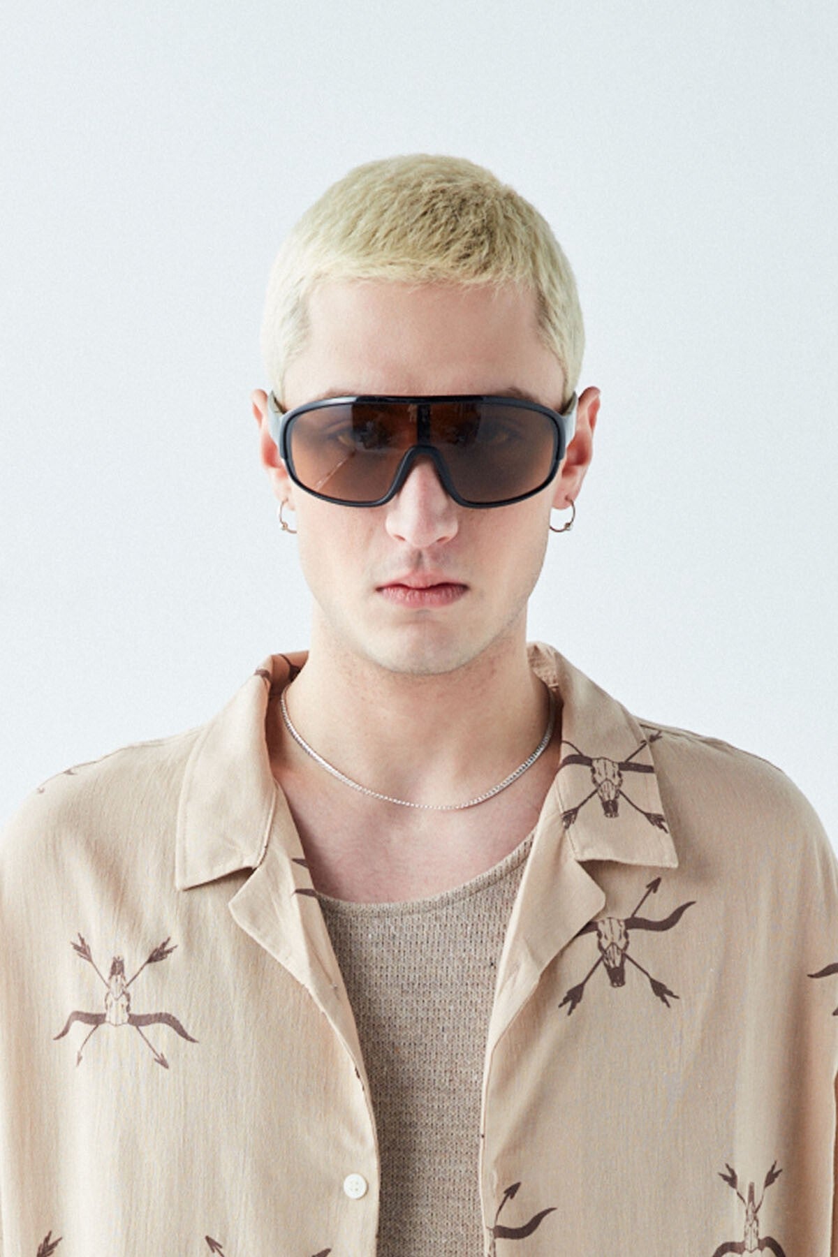 Patterned Short-Sleeve Oversized Shirt Without Pockets