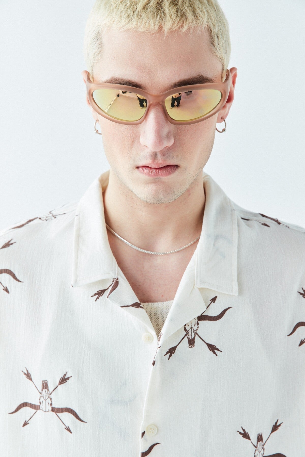 Patterned Short-Sleeve Oversized Shirt Without Pockets