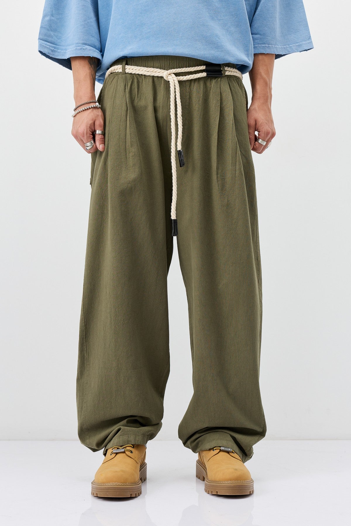 Oversized Linen Pants with Detailed Belt