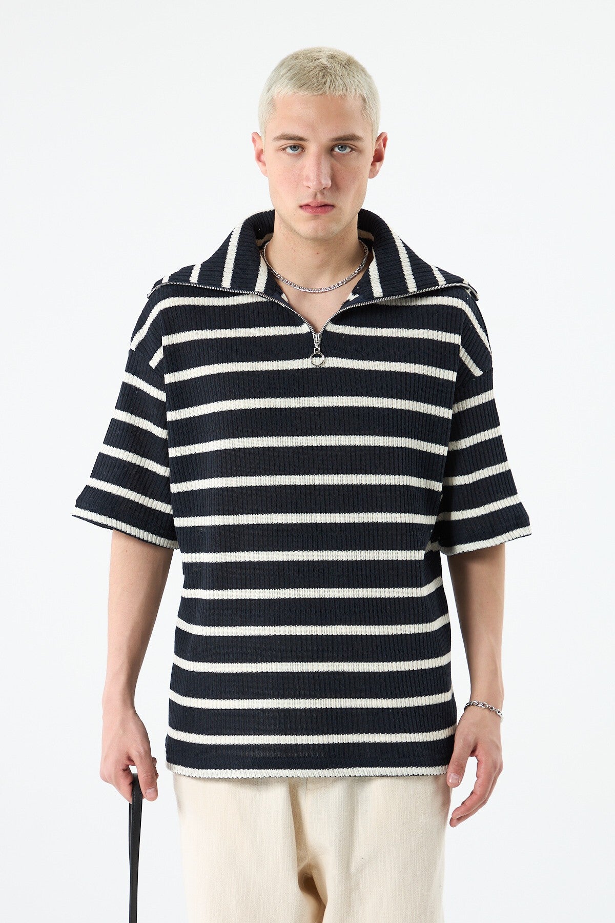 Oversized Striped Sweatshirt with Zipper Collar