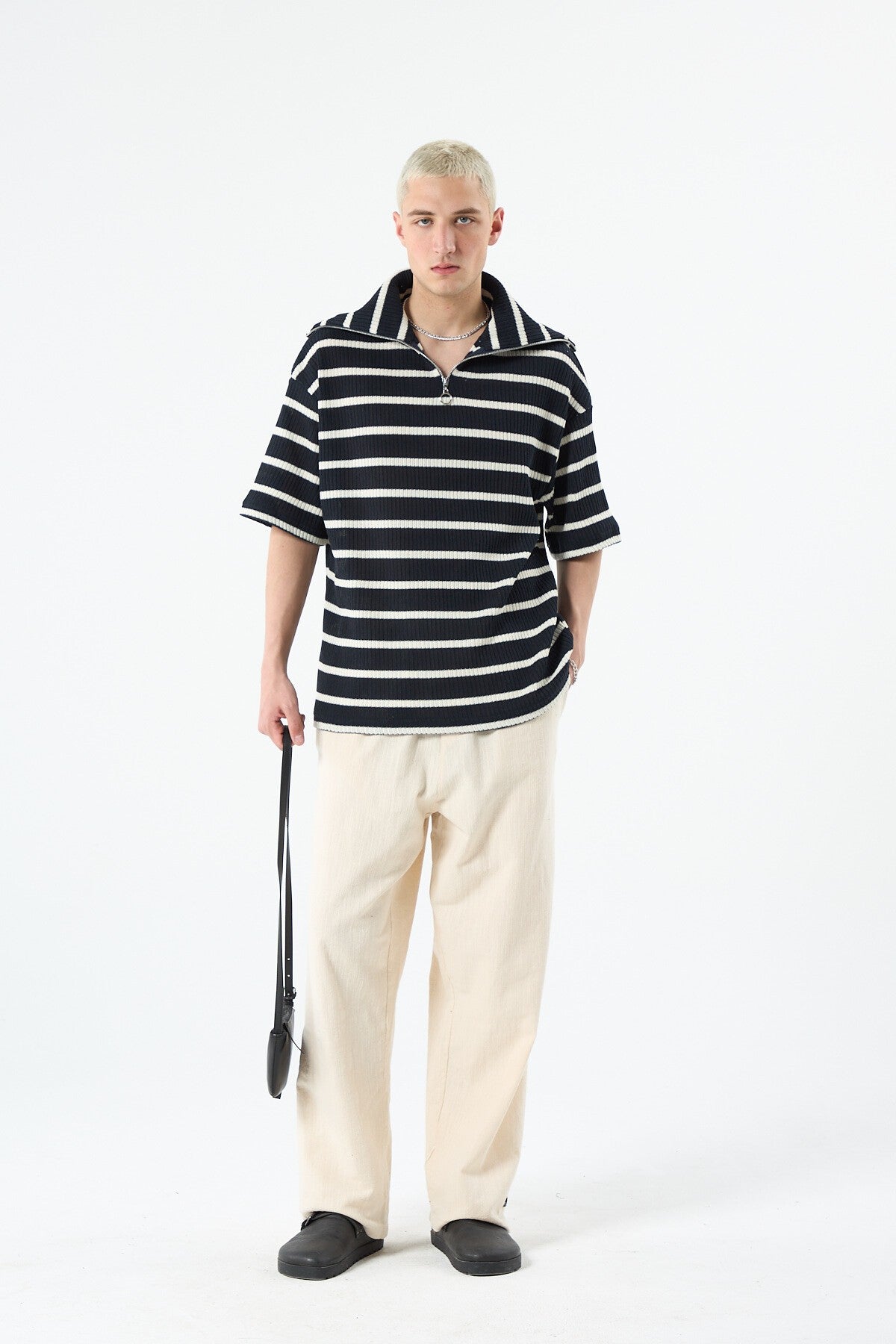 Oversized Striped Sweatshirt with Zipper Collar