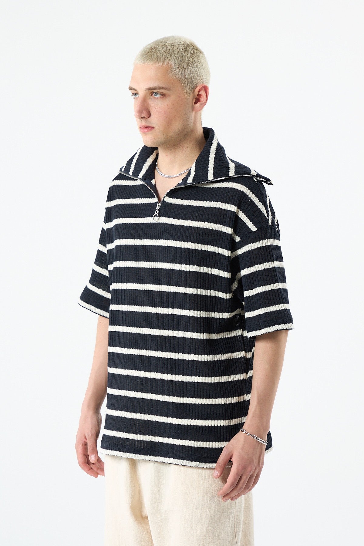 Oversized Striped Sweatshirt with Zipper Collar