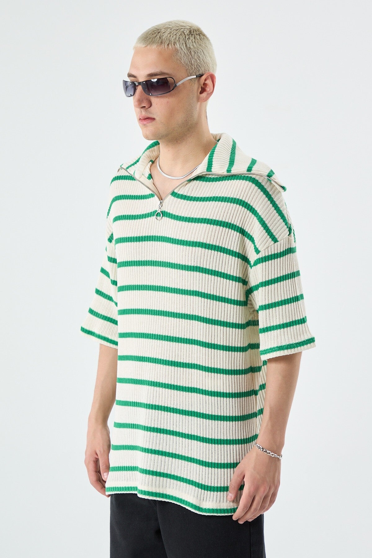 Oversized Striped Sweatshirt with Zipper Collar