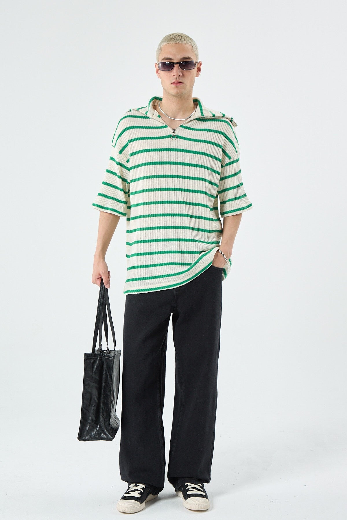 Oversized Striped Sweatshirt with Zipper Collar