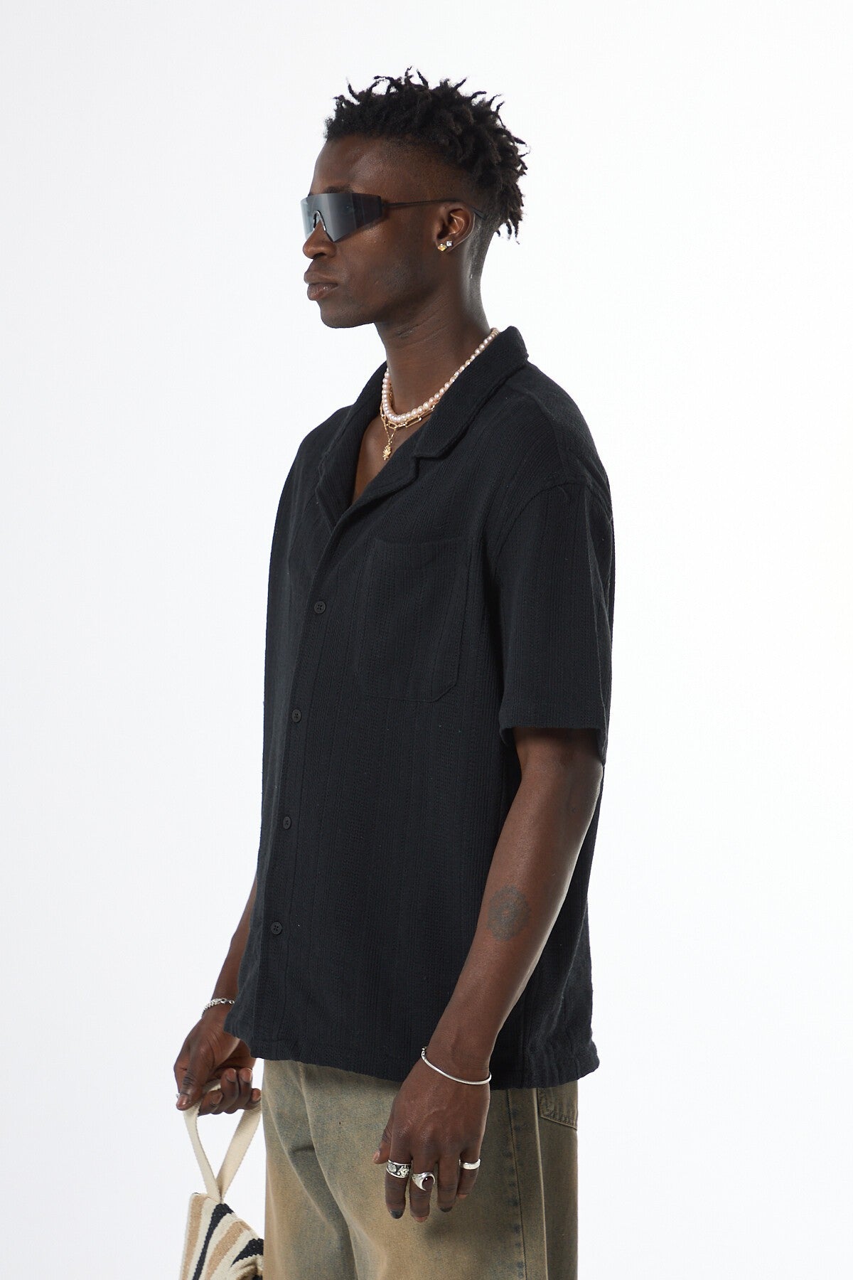 Oversized Short-Sleeve Knitted Shirt with Pockets