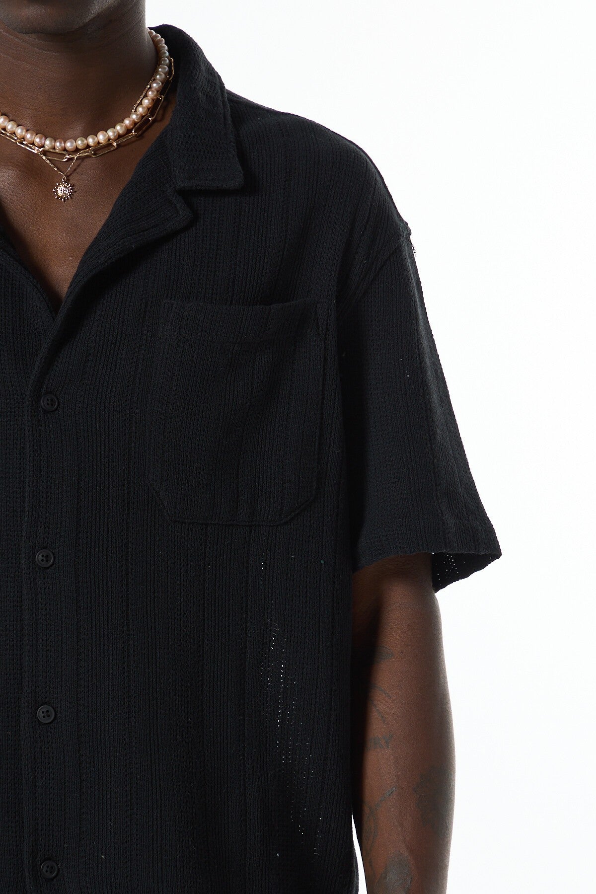 Oversized Short-Sleeve Knitted Shirt with Pockets