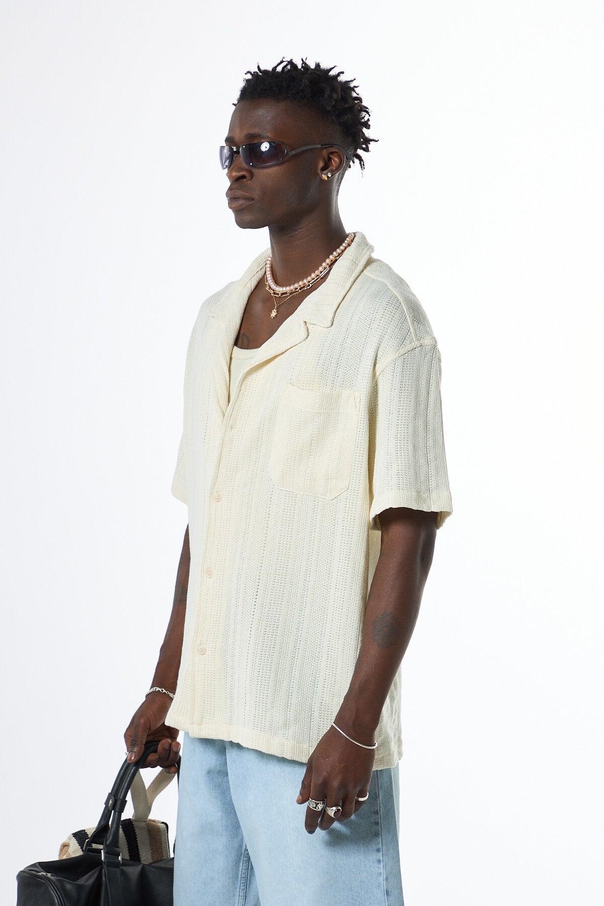 Oversized Short-Sleeve Knitted Shirt with Pockets