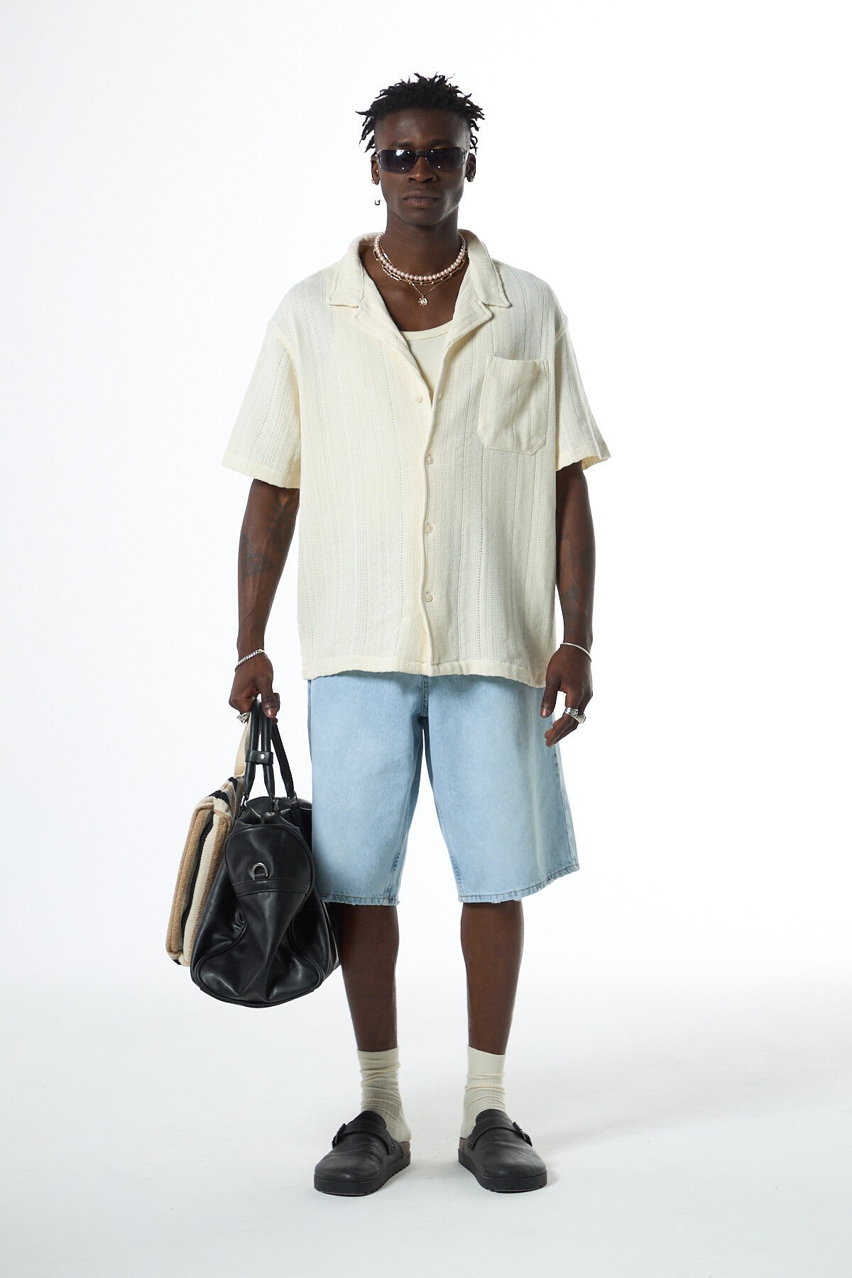 Oversized Short-Sleeve Knitted Shirt with Pockets