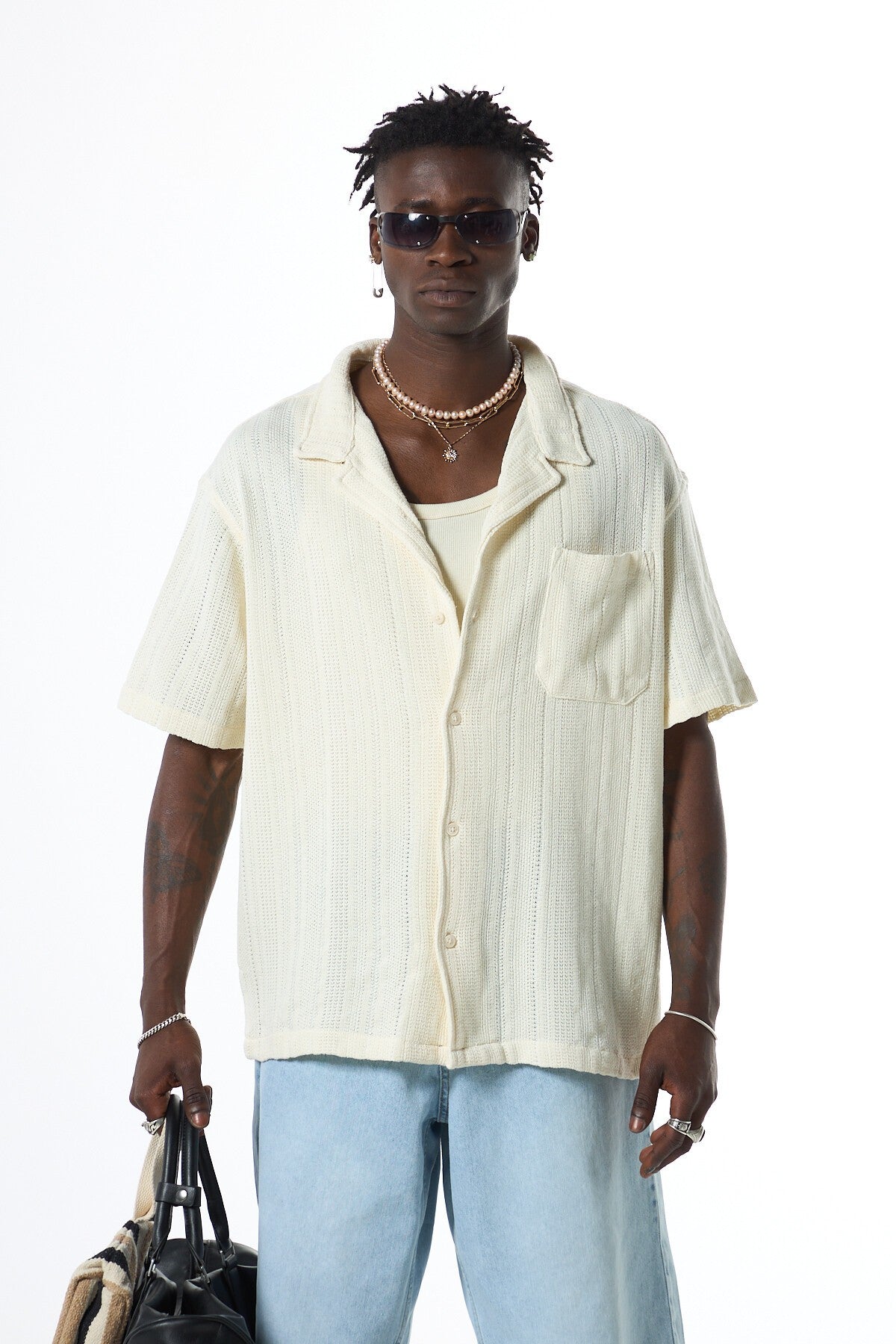 Oversized Short-Sleeve Knitted Shirt with Pockets